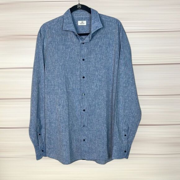 Garmany Linen Cotton Shirt Blue Button Down Long Sleeve Fitted Italy XL - Picture 2 of 12